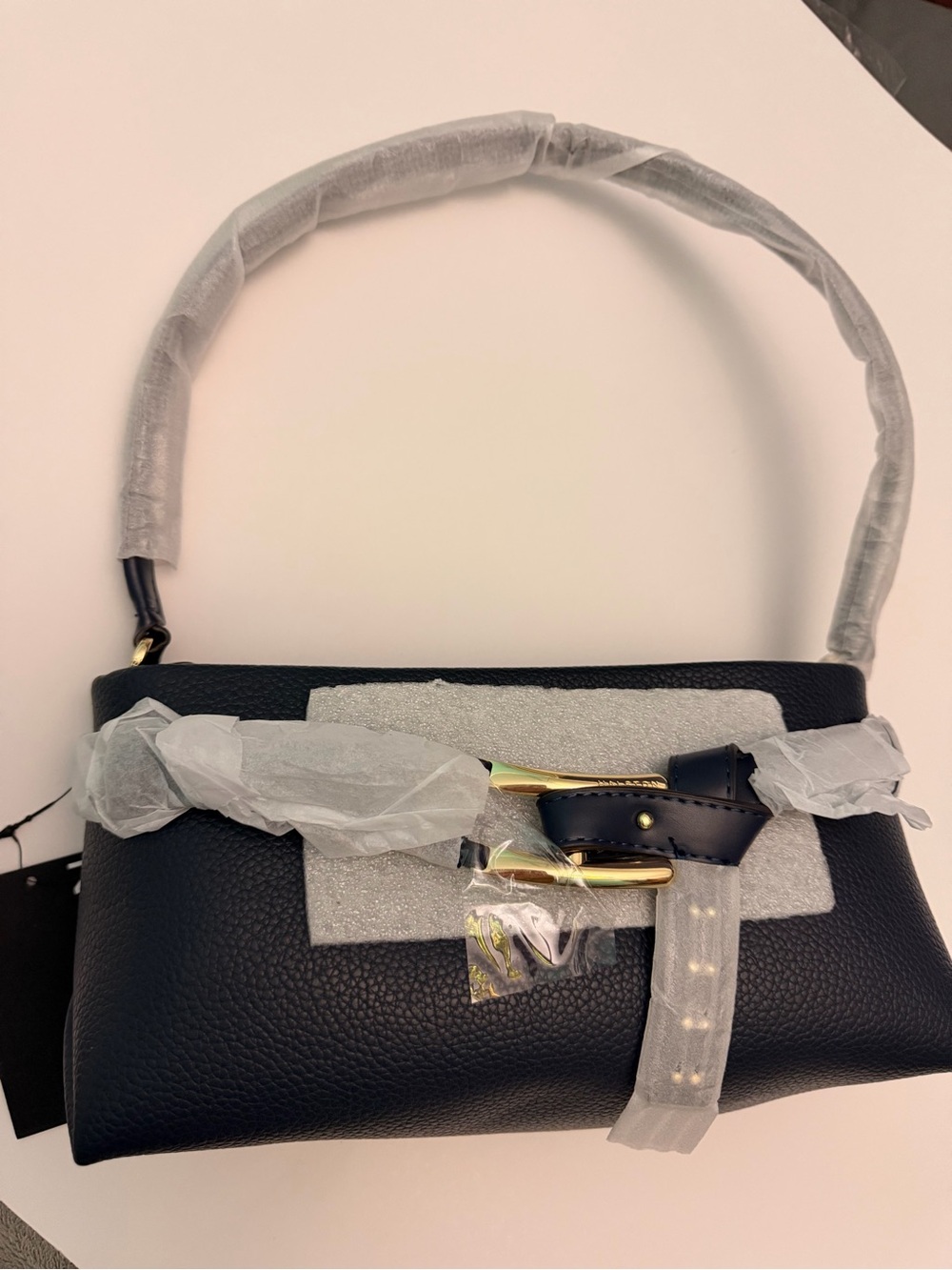 Halston Heritage Black Pebbled Leather Shoulder Bag with Gold Buckle